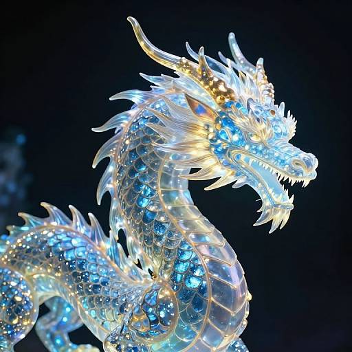 Photograph of a glowing, intricately designed, blue and white dragon sculpture with sparkling blue and yellow lights against a dark background.