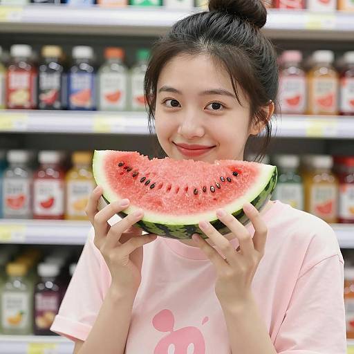 Asian Woman Holding Watermelon Slice