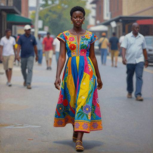 Photograph of a Black woman in a vibrant, colorful, floral-patterned dress walking confidently down a bustling urban street.