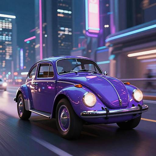 Neon-lit city night photograph of a shiny blue vintage Volkswagen Beetle speeding on a wet street, bright headlights on, colorful neon signs in the background