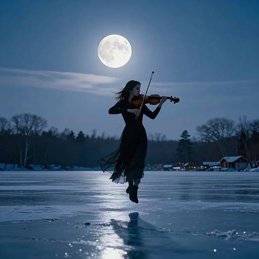 Photograph of a silhouetted woman playing violin on a frozen lake at night, under a bright full moon, surrounded by dark trees and a