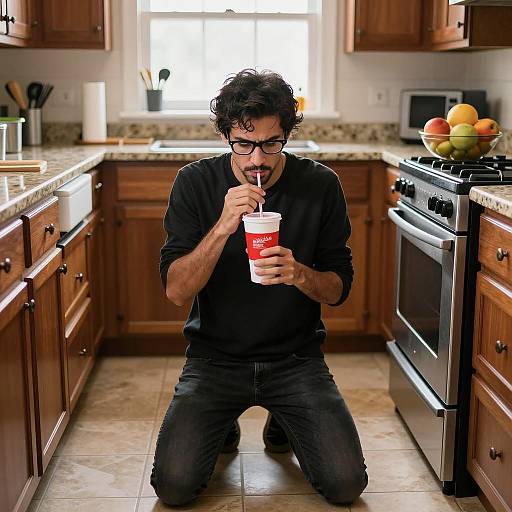 Kneeling Man in Modern Kitchen Scene