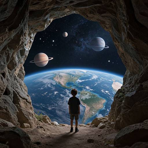 Child Gazing at Surreal Cosmic Seascape