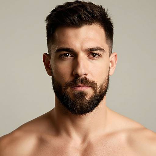 Photograph of a muscular, shirtless, bearded man with short, dark hair, light skin, and intense gaze against a plain, light gray