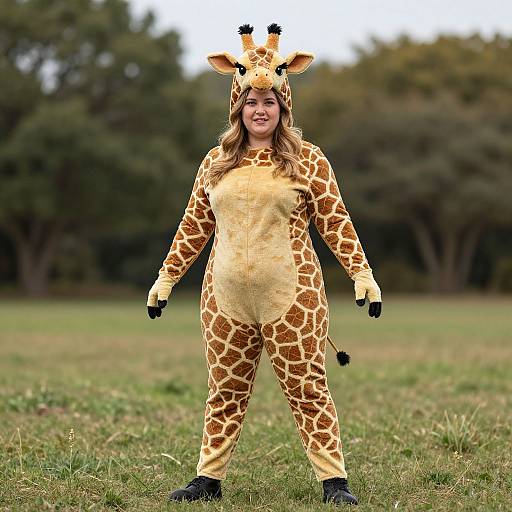 Photograph of a smiling woman in a full giraffe costume with headpiece, standing in a grassy field with trees in the background.