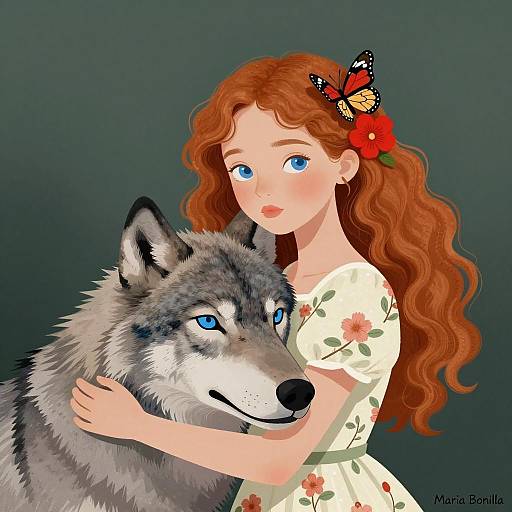 Serene Girl Embracing a Gentle Wolf