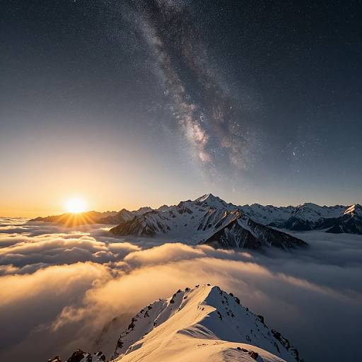 Photograph of a sunrise over snow-covered mountains, with a stunning Milky Way arching across the starry sky, surrounded by golden clouds.