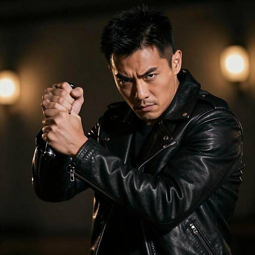 Dramatic Man in Leather Jacket Stance