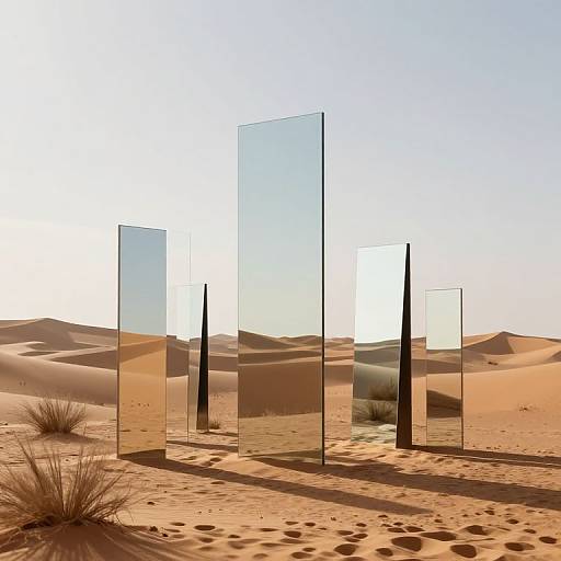 Photograph of a desert landscape with tall, vertical glass panels standing in the sand, reflecting the sunlit dunes and clear sky. Sparse desert grass