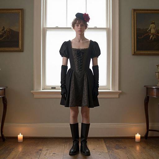 Photograph of a young woman in a black Victorian-style dress, gloves, and boots, standing in front of a lit window, candles on wooden floor