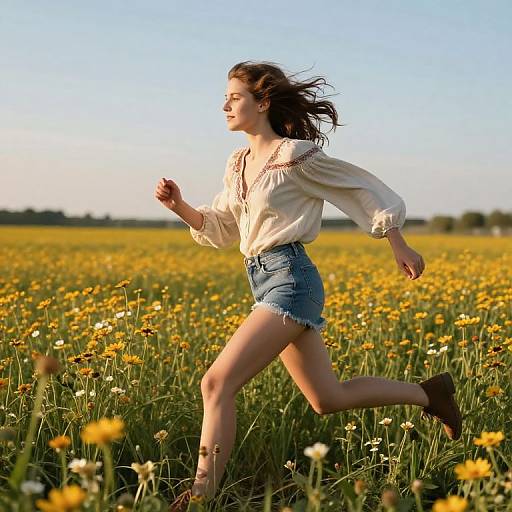 Photograph of a young woman with long brown hair, wearing a white blouse and denim shorts, running through a sunny, yellow daisy-filled field.