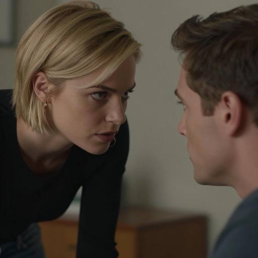 Intense Conversation Between Blonde Woman and Man