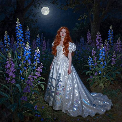 Photograph of a red-haired woman in a shimmering white dress, standing in a moonlit forest of blue and purple flowers.
