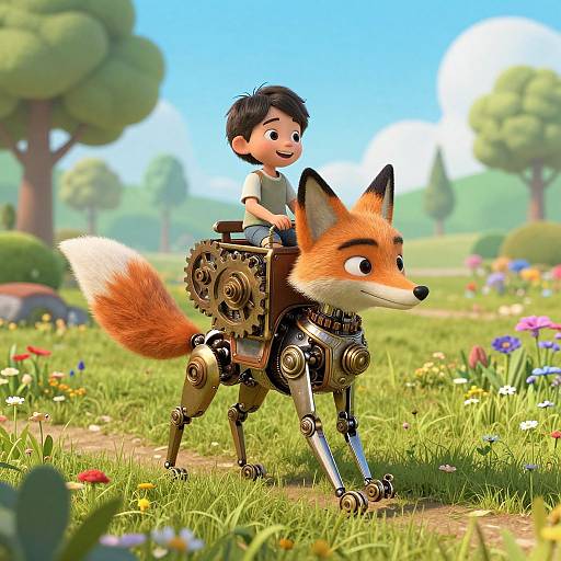Digital illustration of a young boy riding a steampunk fox with gears and mechanical legs through a colorful, sunny meadow.