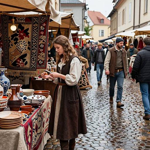 Photograph of a young woman with long brown hair, wearing a white blouse and black dress, browsing pottery at a vibrant outdoor market on a wet,