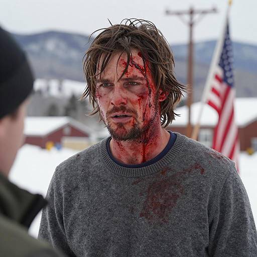 Injured Man with Blood on Face and Clothes in Snowy Setting