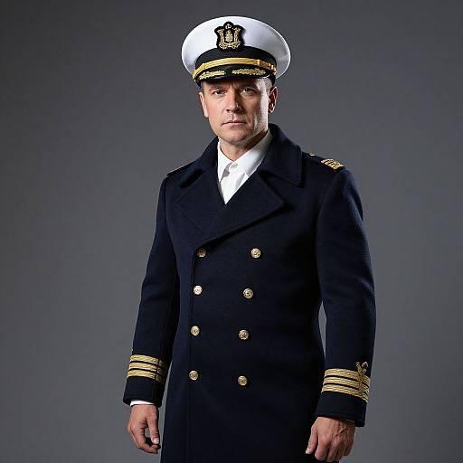 Photograph of a stern-faced male naval officer in a dark navy double-breasted coat with gold buttons and stripes, white hat, and white shirt,