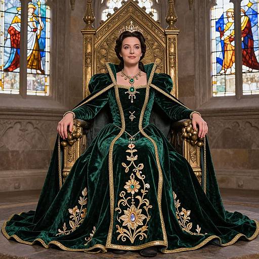Photograph of a fair-skinned woman in an ornate, dark green velvet gown with gold floral embroidery, sitting on a gold throne in a church