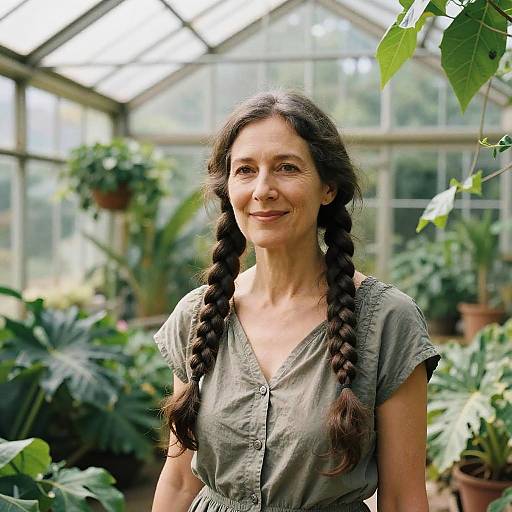 Photograph of a smiling middle-aged woman with long, dark braided hair, wearing a gray blouse, standing in a sunlit greenhouse filled with lush