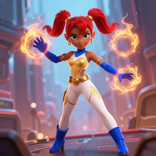 CGI image of a red-haired, green-eyed, cartoon girl with twin pigtails, wearing a gold and white outfit, blue gloves and boots