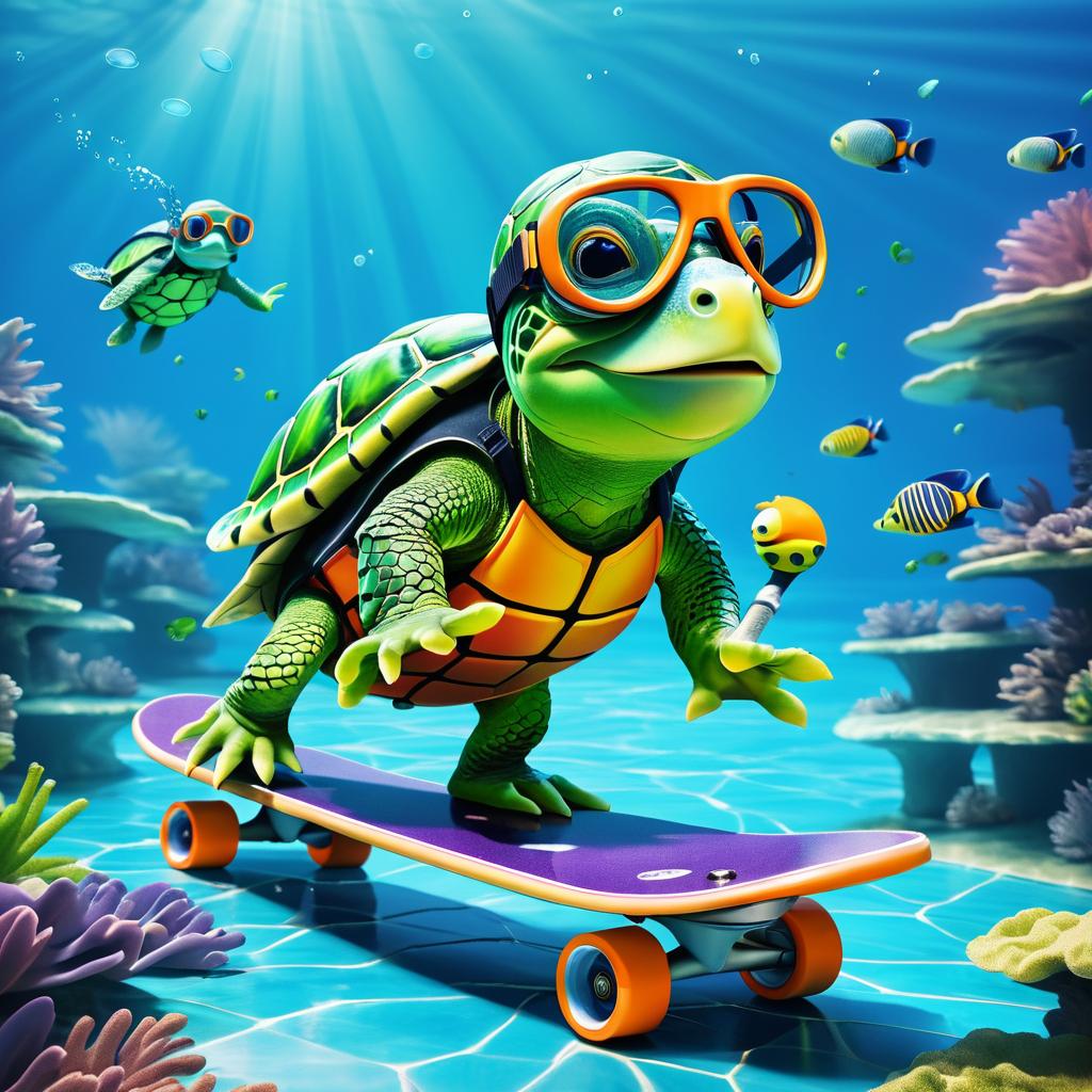 Turtle Skateboarding Fun in an Aquarium