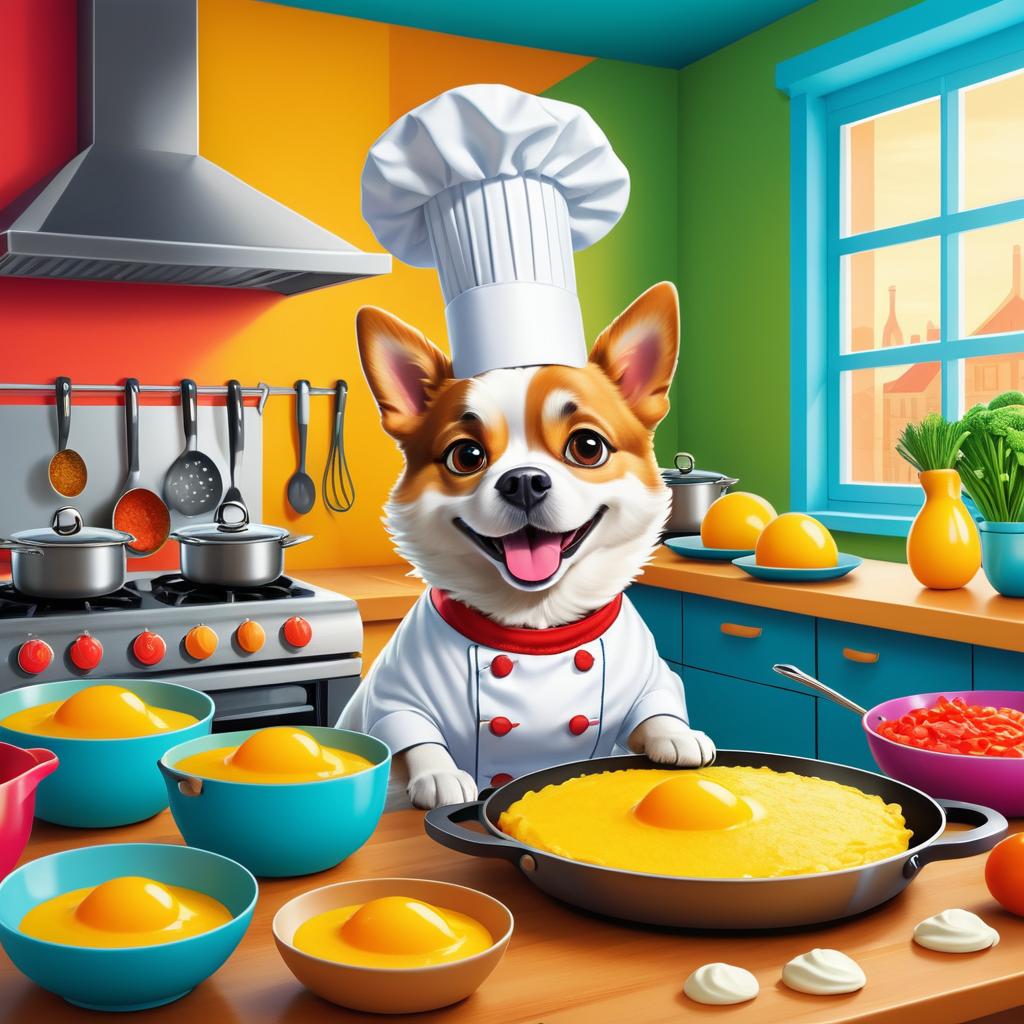 Cartoon Dog Chef Making Fluffy Omelets