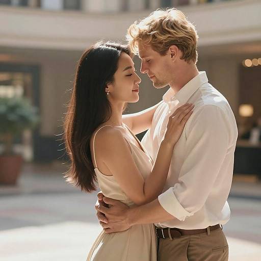Photograph of a romantic moment: a dark-haired woman in a beige dress and a blonde man in a white shirt embracing closely in an outdoor courtyard.