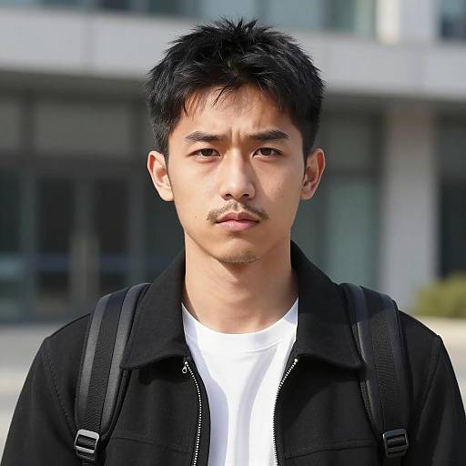 Serious Young Asian Man in Urban Setting