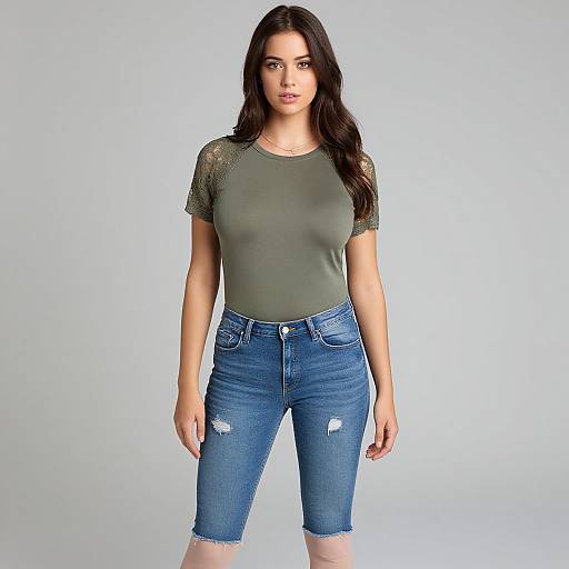 Photograph of a young woman with long black hair, olive green t-shirt, and blue distressed capri jeans, standing against a plain white background.
