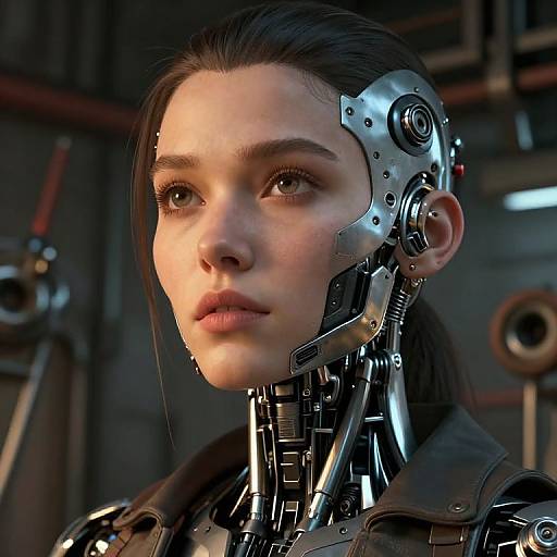 Photorealistic CGI of a young woman with cybernetic enhancements, featuring metallic gears and wires on her neck and cheek, set in a dimly