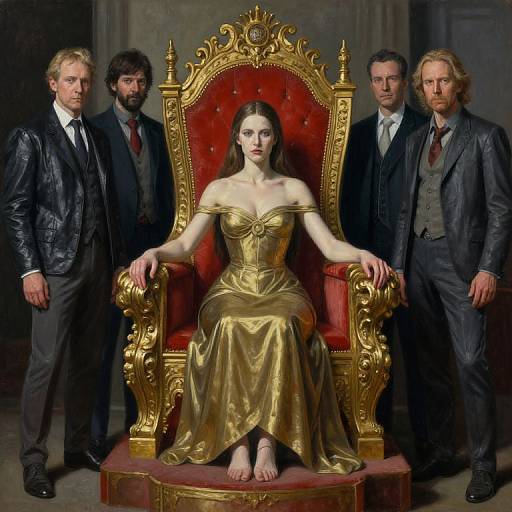 Photorealistic digital painting of a fair-skinned woman in a gold off-shoulder gown, seated on an ornate red and gold throne,