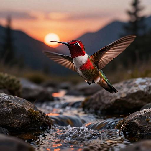Photograph of a vibrant red, green, and white hummingbird mid-flight above a rocky stream, with a sunset and mountains in the background.