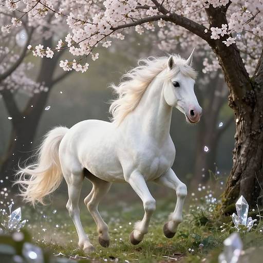 Digital art of a majestic, white unicorn with a flowing mane galloping under blooming cherry blossoms, surrounded by sparkling crystals and green grass.