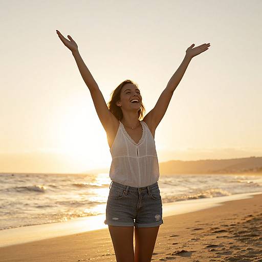 Photograph of a smiling woman with light brown hair, wearing a white lace sleeveless top and denim shorts, raising arms at sunset on a sandy beach