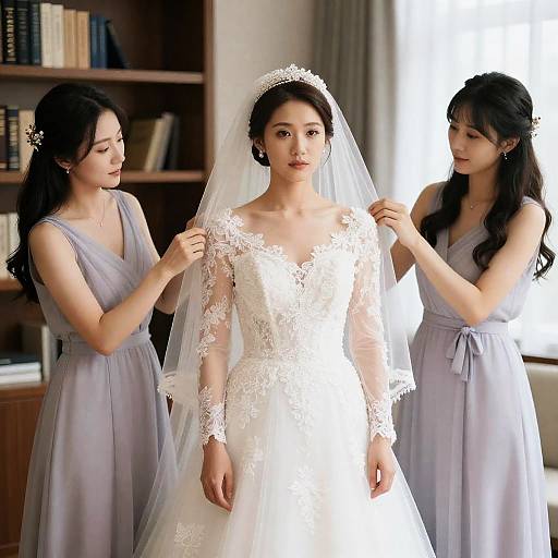 Bride with Bridesmaids Adjusting Veil Indoors