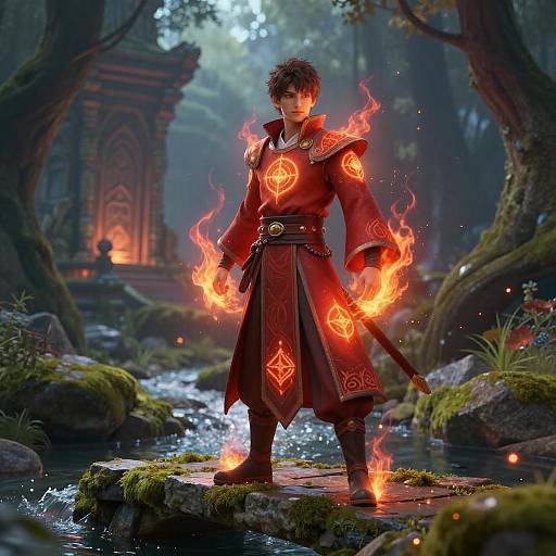 Young Fire Mage in Enchanted Forest