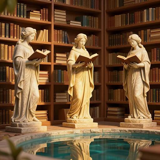 Photograph of three white marble statues of robed women holding books, standing in a library with wooden bookshelves, illuminated by soft light, reflecting