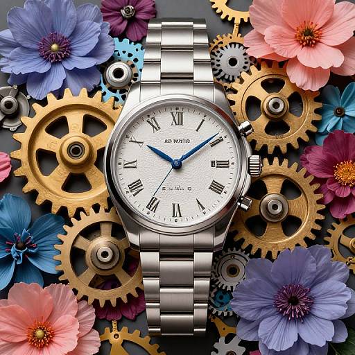 Photograph of a silver wristwatch with blue hands surrounded by vibrant flowers and gold gears on a black background.