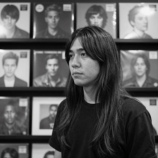 Man with Long Hair in Front of Album Covers