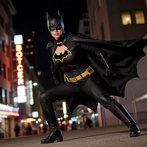 Photograph of Batman in black costume, mask, cape, and yellow belt, crouching in an urban night street with neon lights.