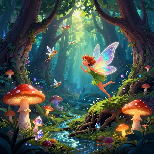 Digital fantasy artwork: Fairy with glowing blue wings in green dress, dancing among colorful mushrooms and butterflies in a magical forest.