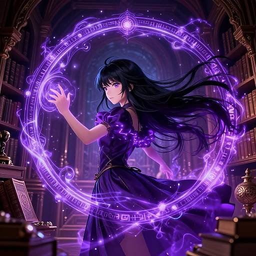 Digital anime artwork of a long-haired, purple-eyed girl in a dark dress casting a glowing purple magical circle in a dimly lit library.