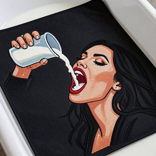 Pop art-style digital painting of a woman with black hair and red lipstick, drinking milk from a white cup, black background.