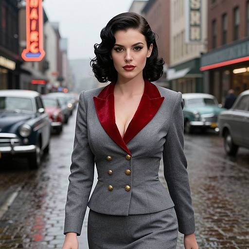 Photorealistic image of a confident, fair-skinned woman with dark, wavy hair in a gray, double-breasted suit with red lining,