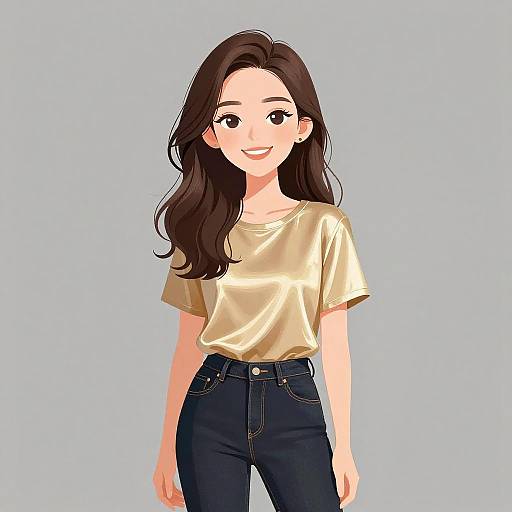 Digital anime-style drawing of a smiling woman with long brown hair, wearing a gold top and dark blue jeans, against a light blue background.