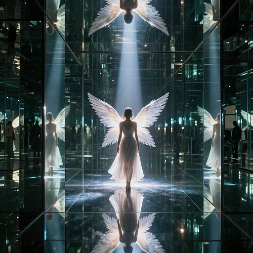 Digital artwork of a glowing, silhouetted angel with large wings, standing in a reflective, dark cityscape, flanked by mirrored winged