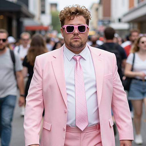 Photograph of a curly-haired, bearded man in a pastel pink suit, pink tie, and matching pink sunglasses, walking confidently through a busy