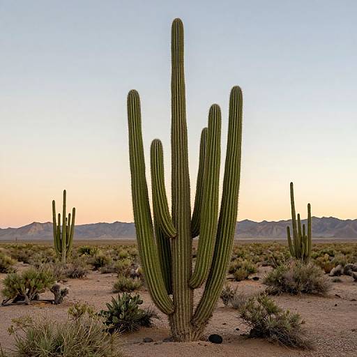 Photograph of a tall, green saguaro cactus with multiple arms, standing in a desert landscape at sunset, surrounded by smaller cacti