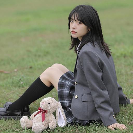 Asian Woman Sitting on Grass with Stuffed Bunny