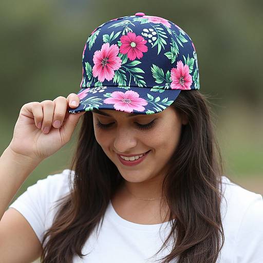 Photograph of a smiling woman with long dark hair, wearing a white t-shirt and a floral navy blue baseball cap, gently touching the brim.
